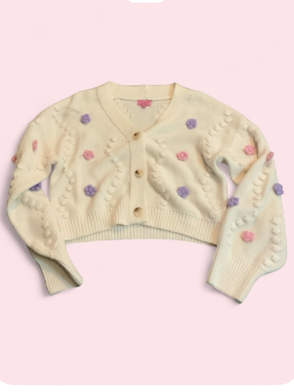 Miami Cream Cropped Button Down Cardigan w/ Flowers
